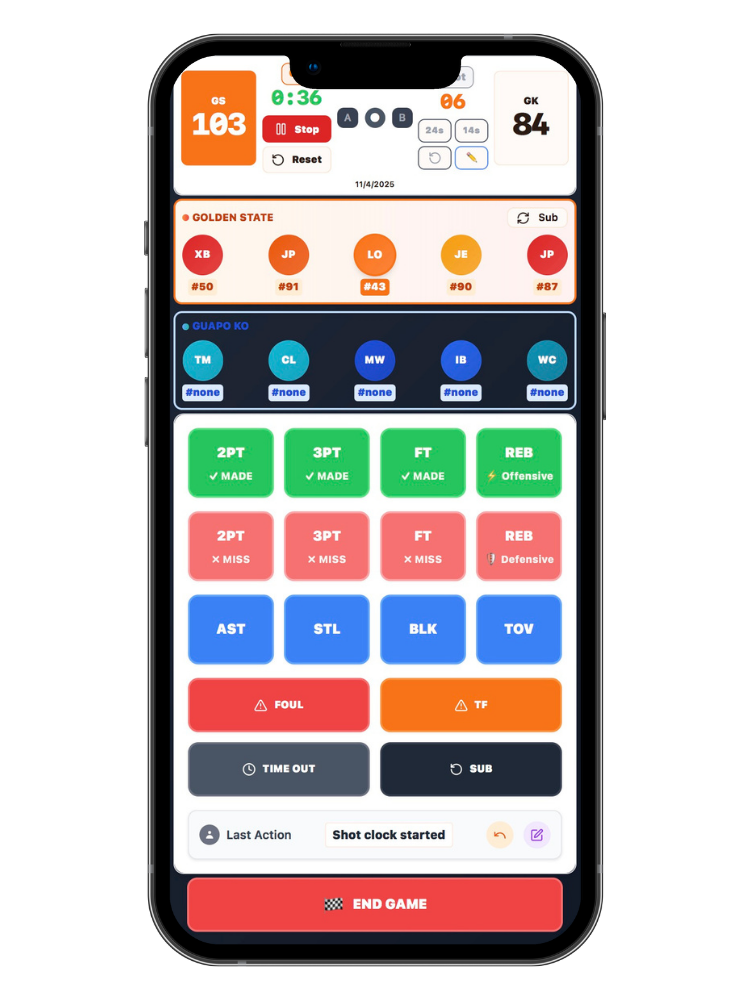 StatJam mobile stat tracker interface with game clock, shot clock, and one-tap stat buttons