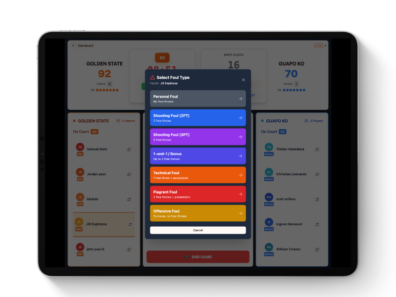 Selecting the foul type in StatJam